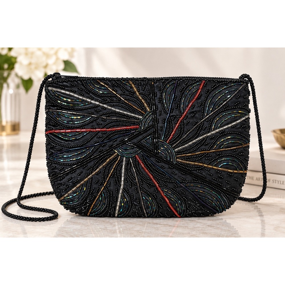 Vintage Hand Beaded Black Evening Bag Art Deco Clutch Crossbody Purse Party